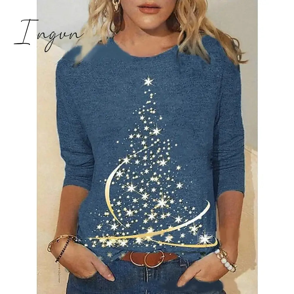 Ingvn - Women's Shirt Dark Green Peacock Blue Brick red Christmas Tree Print Long Sleeve Christmas Holiday Casual Round Neck Regular Floral S
