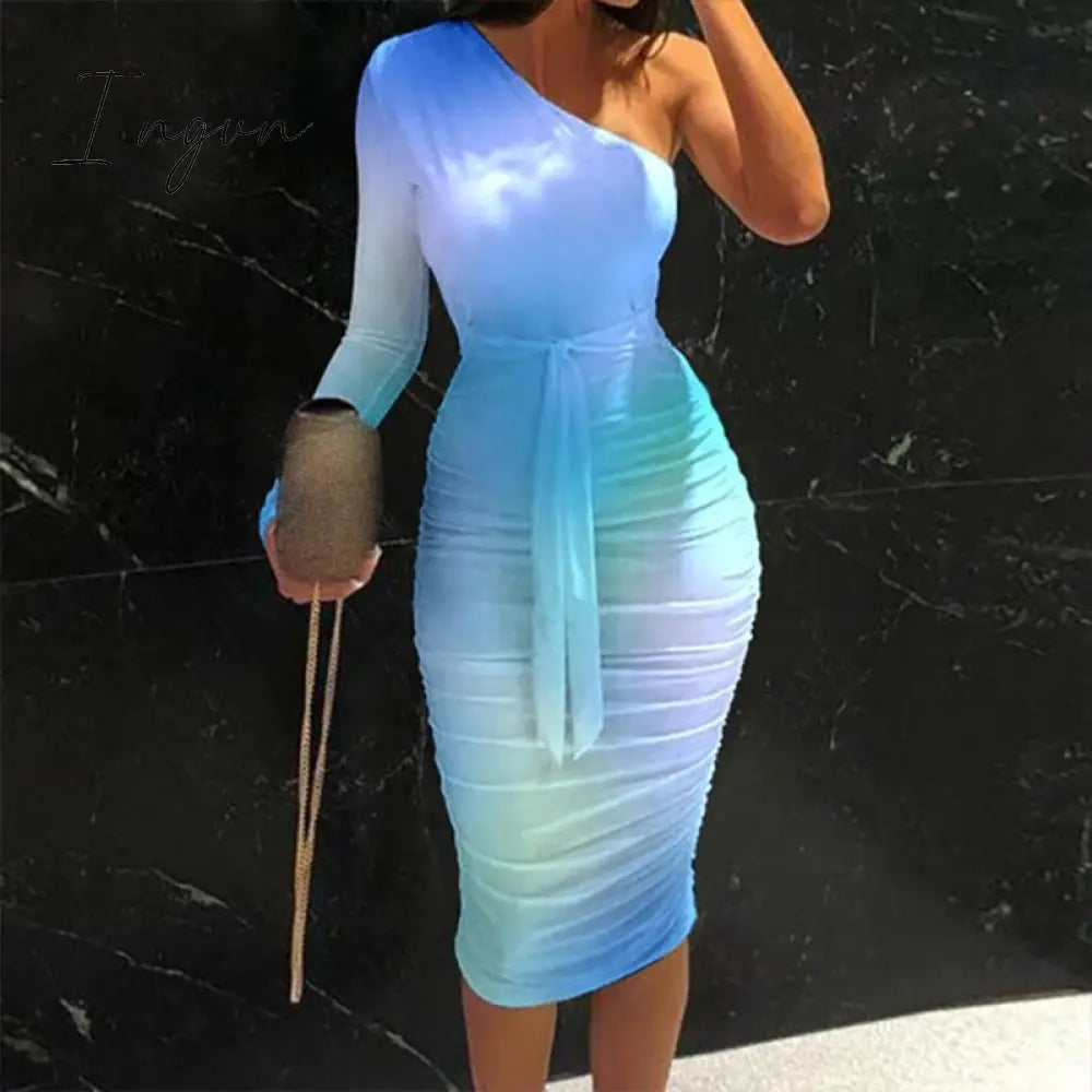 Ingvn - Women Clothing Asymmetric Collar High Waist Robe Slit Dress Chic Solid Short Sleeve Elegant Fashion Prom Banquet Dress New