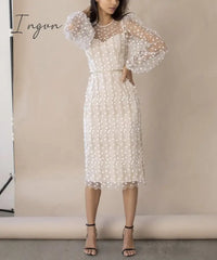 Ingvn - Charming Lace Women's Party Dress Elegant Long Sleeves O-Neck Dresses for Women Summer Mesh Formal Mid Dress Girls