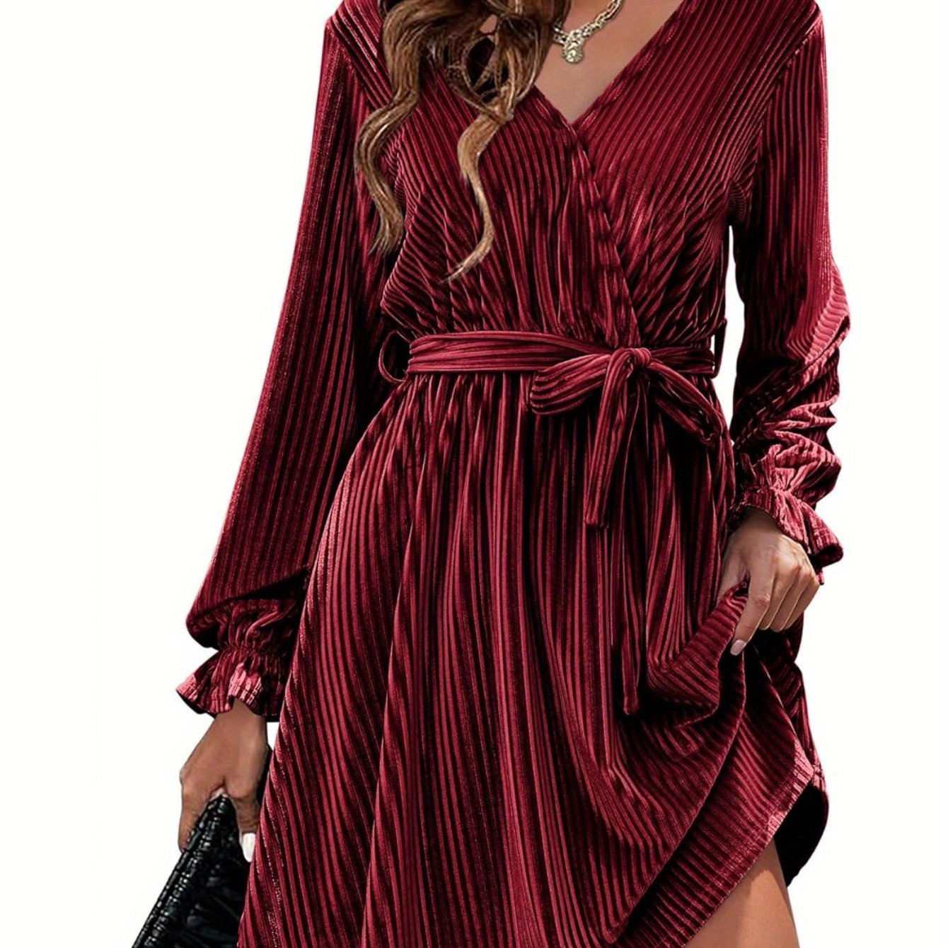 Womens Wedding Guest Dresses V Neck Wrap Dress with Belt Ruffle Lantern Sleeve Velvet Wrap Dresses