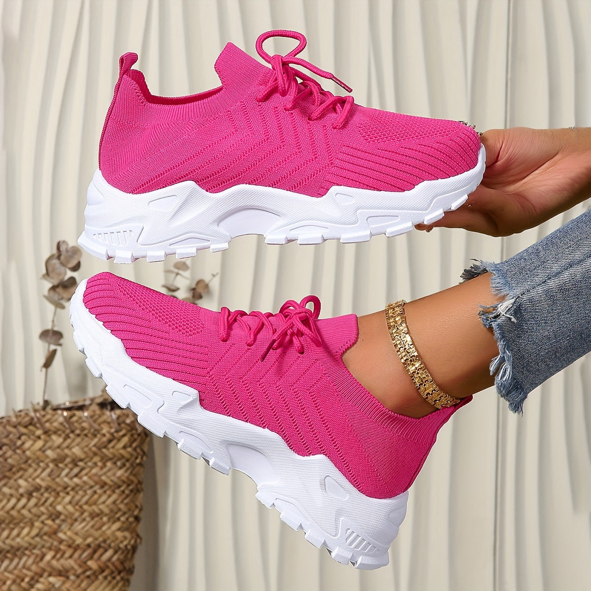 Women's Solid Color Fashion Sneakers, Lace-up Thick Sole Casual Running Shoes, Lightweight Breathable Walking Shoes, Non-Slip Soft Sole, All-Season Comfort Sports Shoes, Fabric Upper, PVC Sole, Fabric Lining, No Print