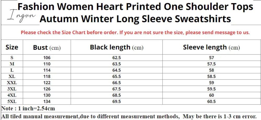 Ingvn - Women's Pullover Sweatshirt Heart Printed Long Sleeve One Shoulder Tops Autumn Winter Sweat Shirts Woman Casual Top