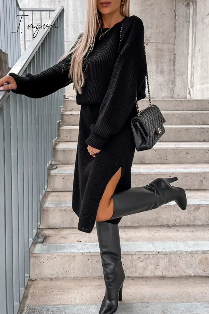 Ingvn - Elegant Simplicity Solid Slit O Neck Long Sleeve Dresses