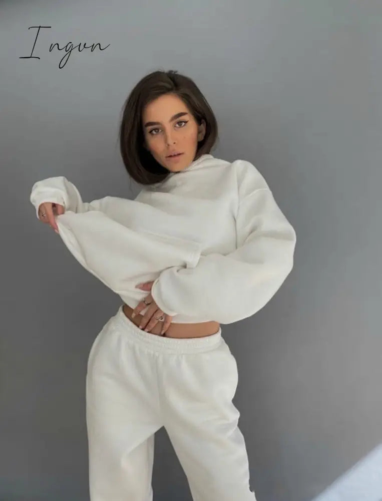 Ingvn - 2 Piece Set Women Spring Autumn Tracksuit Solid Hooded Sweatshirt Top And Wide Leg Pants Suits Loose Casual Fashion Sportswear