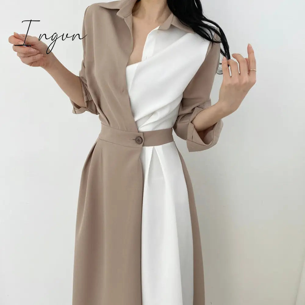Ingvn - Spring Autumn Retro Temperament Contrast Color Lapel Long-Sleeved Shirt Female Midi Dress Korean Elegant Fashion Slim Chic Dress