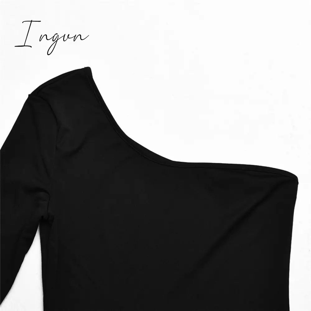 Ingvn - Patchwork Diamond Fishnet Bodycon Women Jumpsuit Black One Shoulder Long Sleeve Jumpsuit Lady Sexy Evening Party Clothes