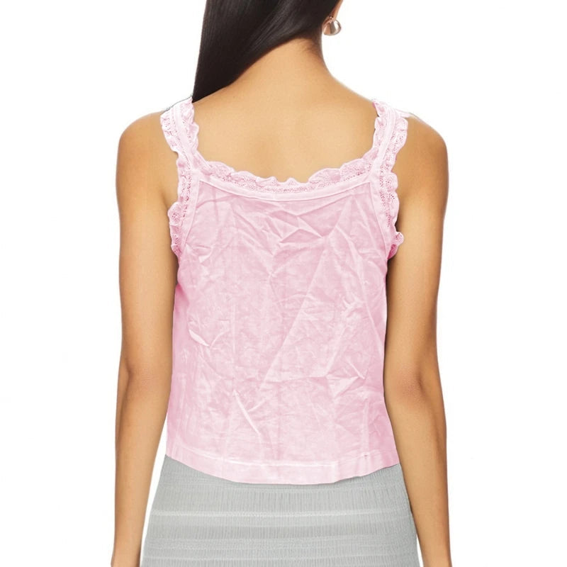 Women Y2k Lace Ruffle Trim Tank Top Fairycore Sexy Sheer Button Front Scoop Neck Camisole Cute Going Out Crop Tops Boho Vest