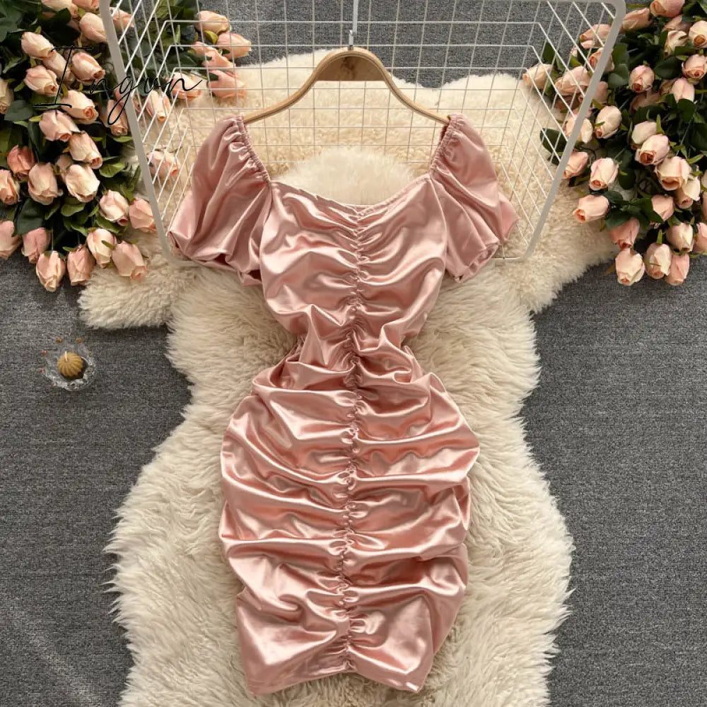 Ingvn - Ins Fashion Sexy Mini Bandage Dress Women Summer Slim Ruched Club Dress Sheath Off Shoulder Pink White Dress