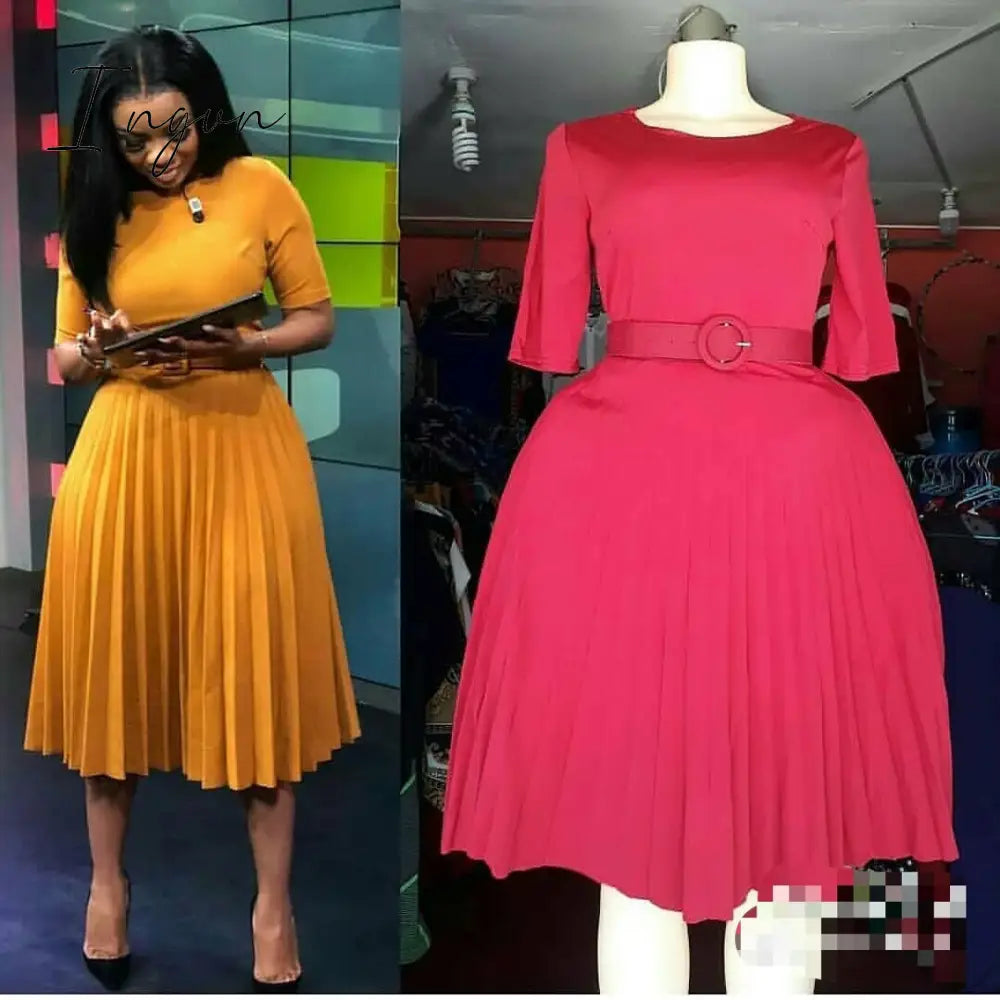 Ingvn - African Style Women Casual Belted Pleated Dress Elegant Chic Office Lady A-Line High Waist Dress Autumn Winter Fashion