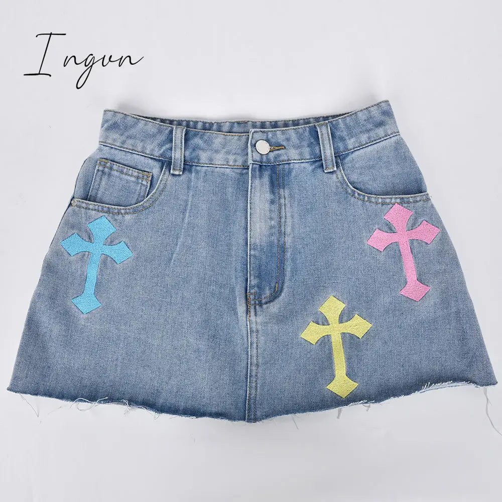 Ingvn - Womens Fashion Denim Skirt Pattern Emboridery Tassel Pocket Zipper Straight Hot Women Bottoms Holiday Vocation Casual Wear Y2k Clothes