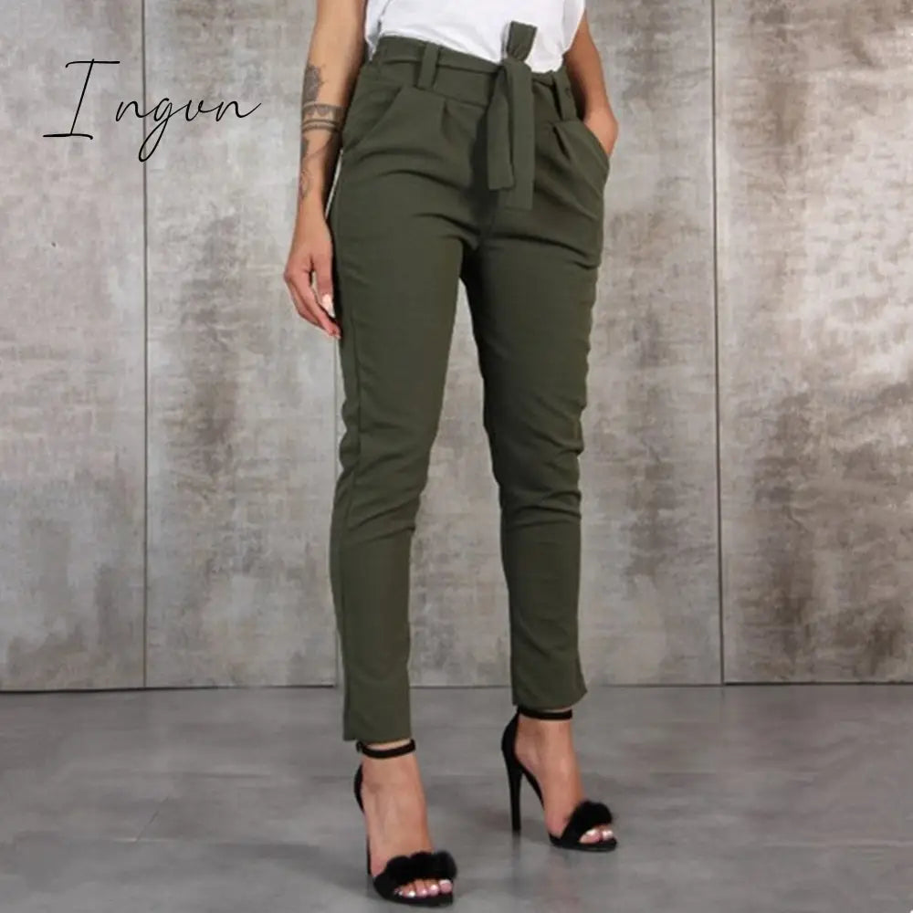 Ingvn - Casual Slim Chiffon Thin Pants For Women High Waist Black Khaki Green Pants Woman Trousers