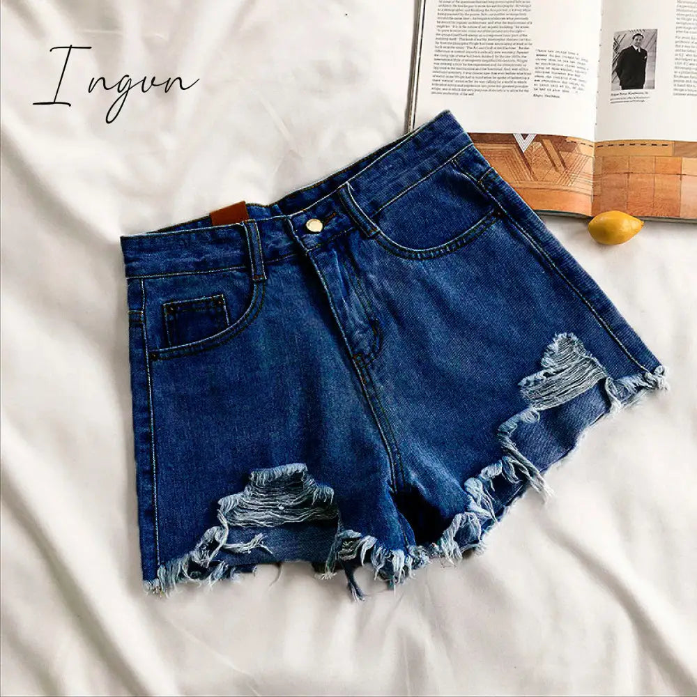 Ingvn - Casual High Waist Denim Shorts Women Summer  Pocket Tassel Hole Ripped jeans Short Female Femme Short Pants Women