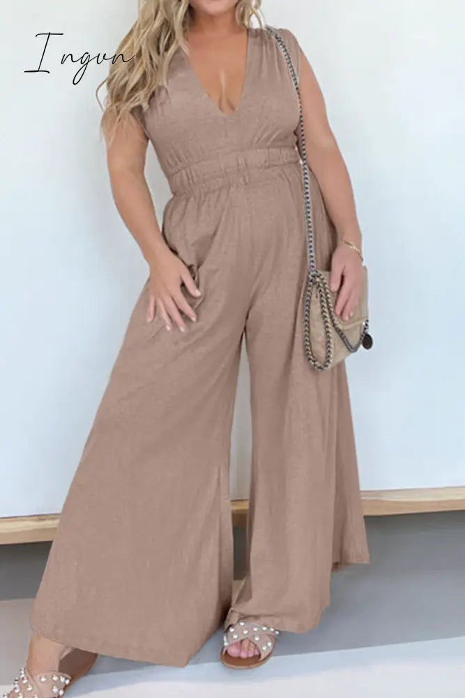 Ingvn - Casual Simplicity Solid Pocket V Neck Loose Jumpsuits