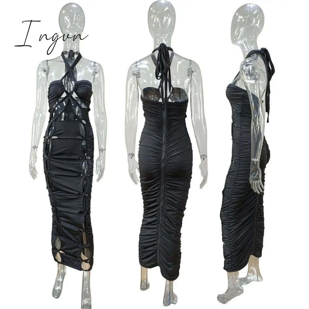 Ingvn - Sexy High Slit Lace Up Bodycon Dress for Women 2023 Summer Halter Cut Out Evening Club Party Long Dresses Robe Femme y2k Clothes