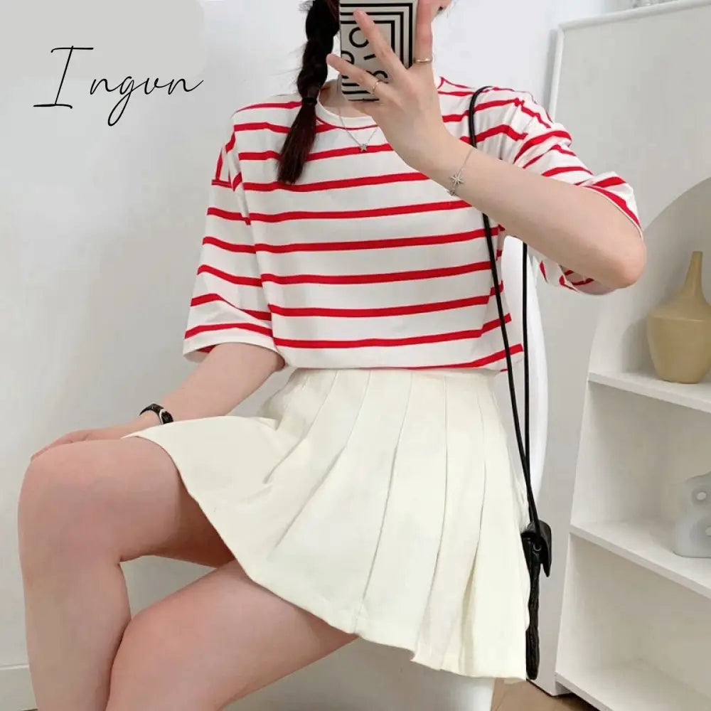 Ingvn - Women Striped Cotton T Shirt Short Sleeve O Neck Tees Ladies Casual Tee Shirt Street Wear Top 6L42