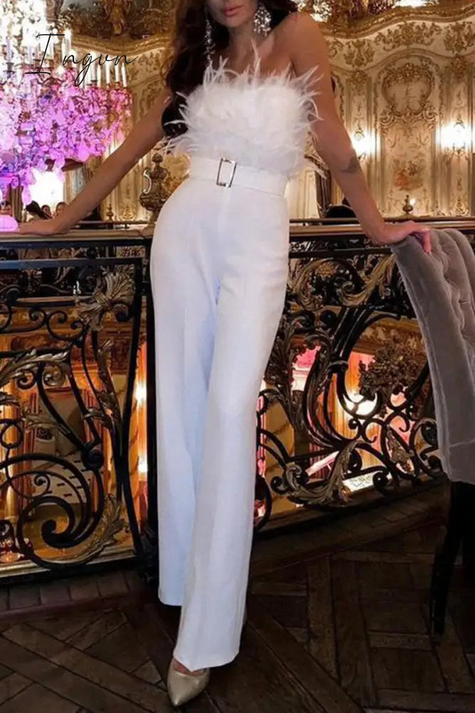 Ingvn - Sexy Feathers With Belt Strapless Jumpsuits(5 Colors)