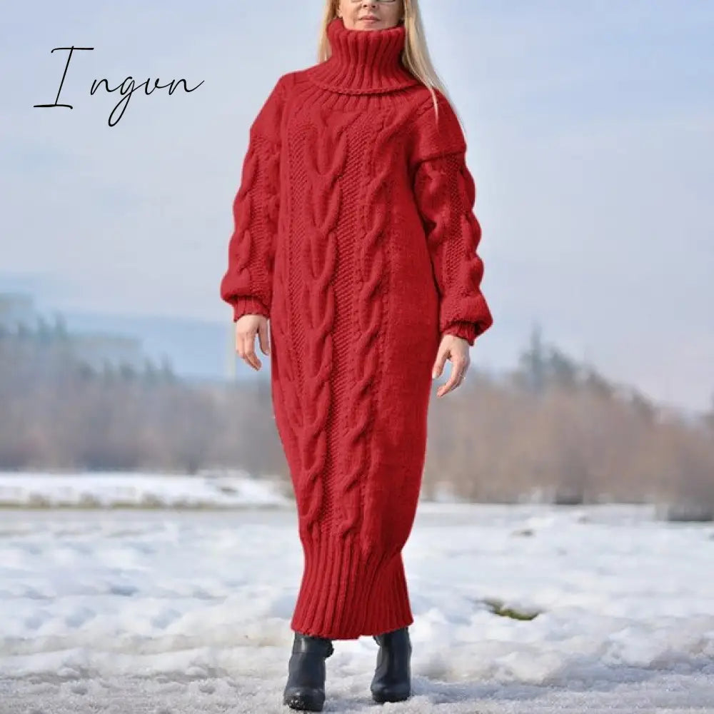 Ingvn - Sweater Dress Women Long Sleeve High Neck Knitted Pullover Dress Soft Warm Solid Color Oversize Bodycon Jumper Female Dress