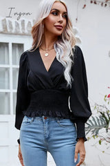 Ingvn - Neck Frill Trim Lantern Sleeve Smocked Waist Blouse
