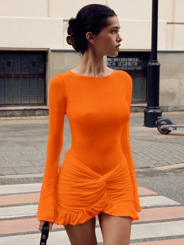 Ruffled Twist Skinny MIni Dress Women's Long Sleeve Patchwork High Waist Sexy Fashion Party Dress Female Y2k Bodycon Dress