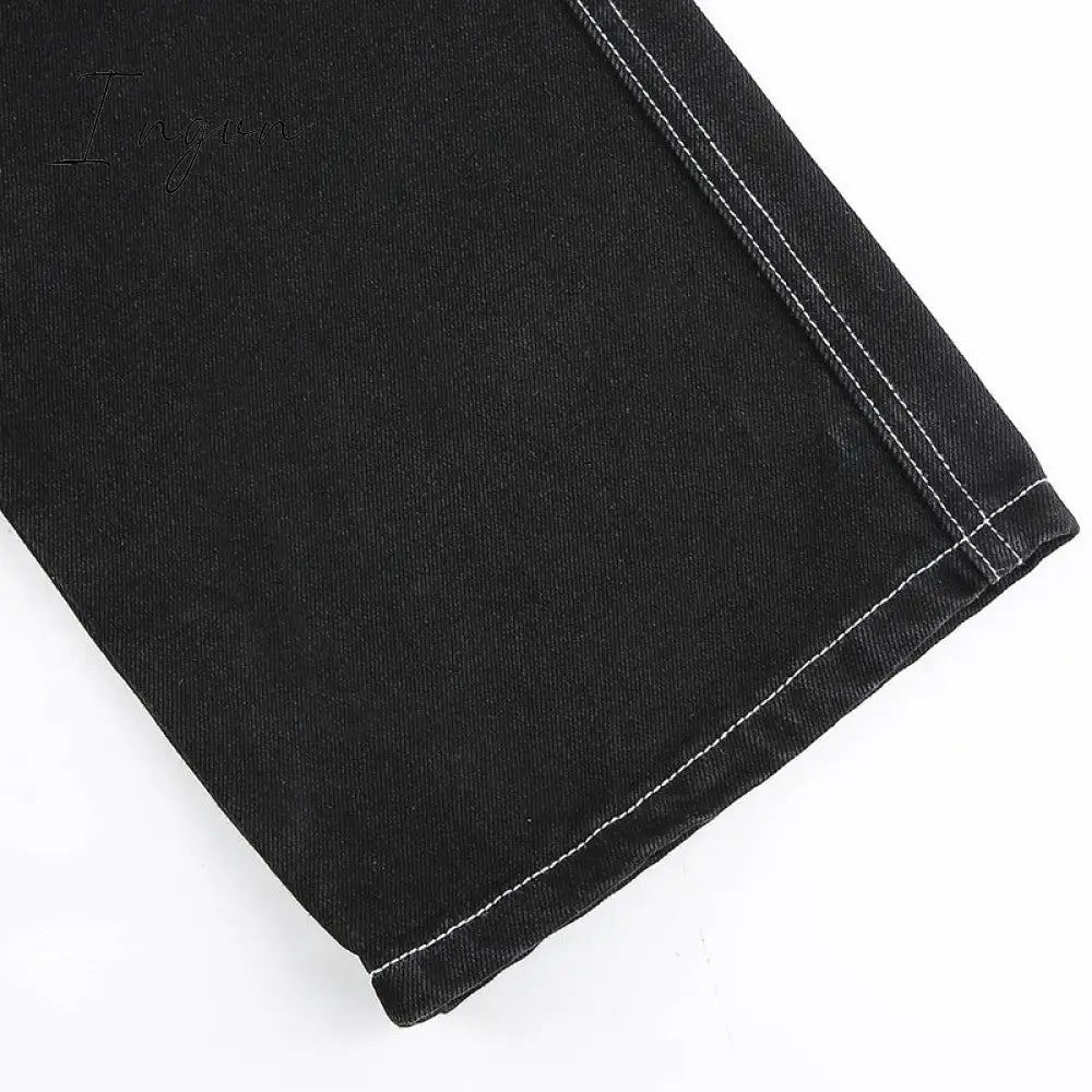 Ingvn - Womens Fashion Trends Pockets Patchwork Baggy Jeans Fashion Streetwear 100% Cotton Women Denim Trouser Loose Cargo Pants Korean Jeans Harajuku