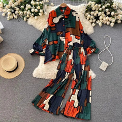 Ingvn - Women's Dress Spring Retro Print Casual Set Design Batwing Sleeve Single Breasted Blouse+High Waist Long Pants Two Piece Suits