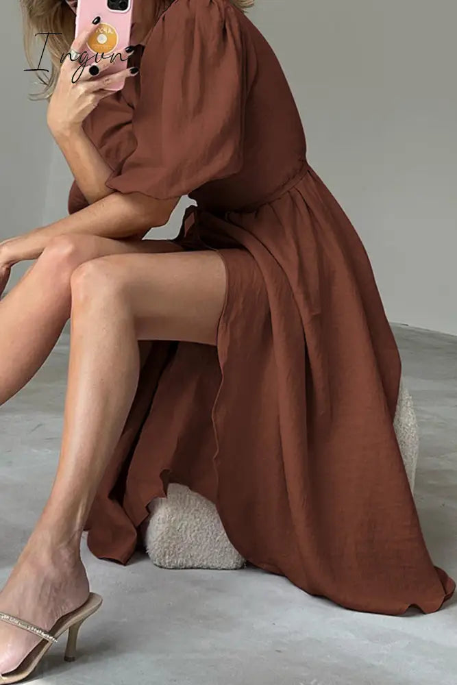 Ingvn - Sexy Simplicity Solid Frenulum V Neck Waist Skirt Dresses