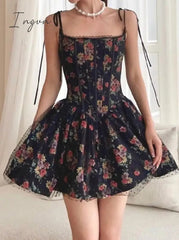 Ingvn - 2023 Sexy Women Black Flower Print Spliced Mesh Bra Corset style Mini Dress Slim Waist Party Skater Bow Lacing up Sling Robe