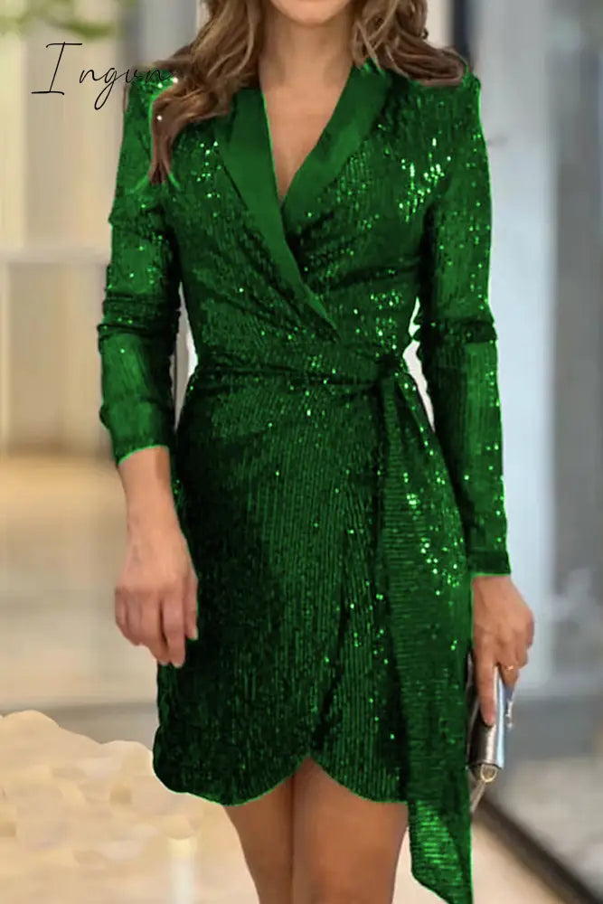Ingvn - Casual Solid Sequins Frenulum Turn-back Collar Suit Dress Dresses