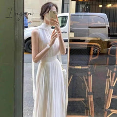 Ingvn - 2023 Summer Elegant Women's Dress Gentle High Collar Sleeveless Solid Chiffion Midi Dress Fashion Sexy Korea Sundress Vestido