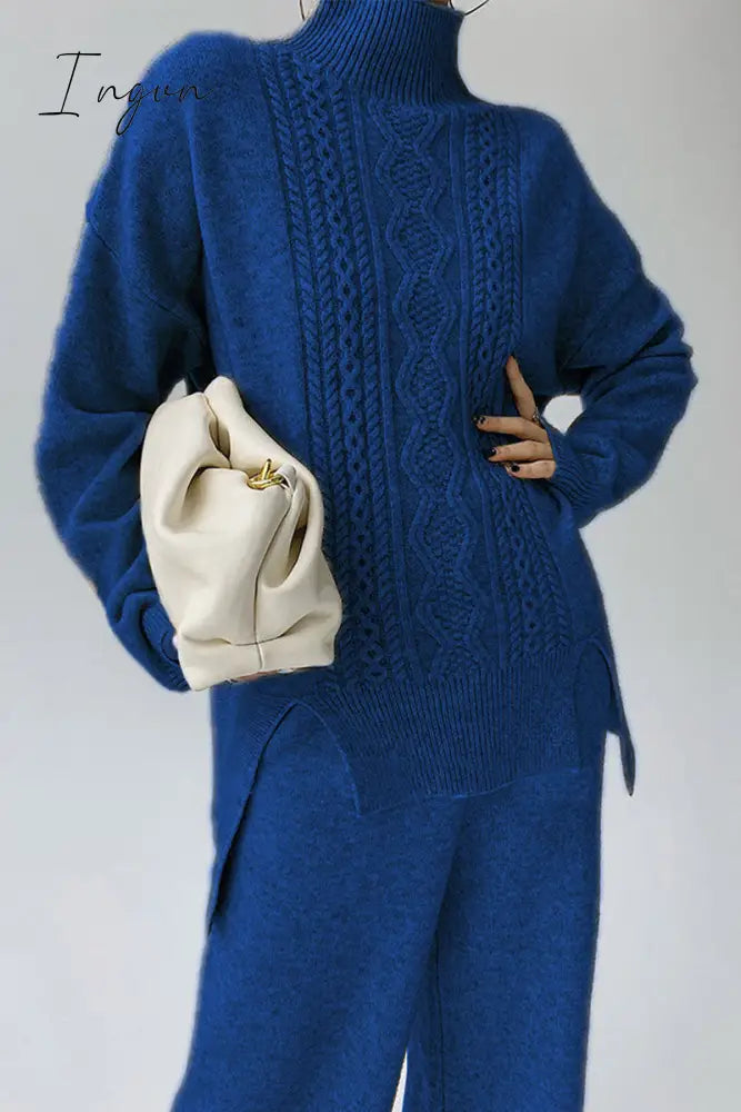 Ingvn - Casual Solid Slit Turtleneck Long Sleeve Two Pieces
