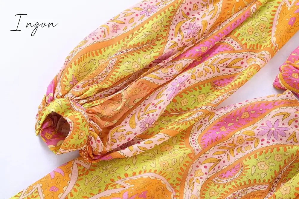 Ingvn - 2023 Summer Women Elegant With Print Hollow Out Mini Dress New Pleated Full Sleeves Tied V-Neck Back Zippers Vintage Vestidos