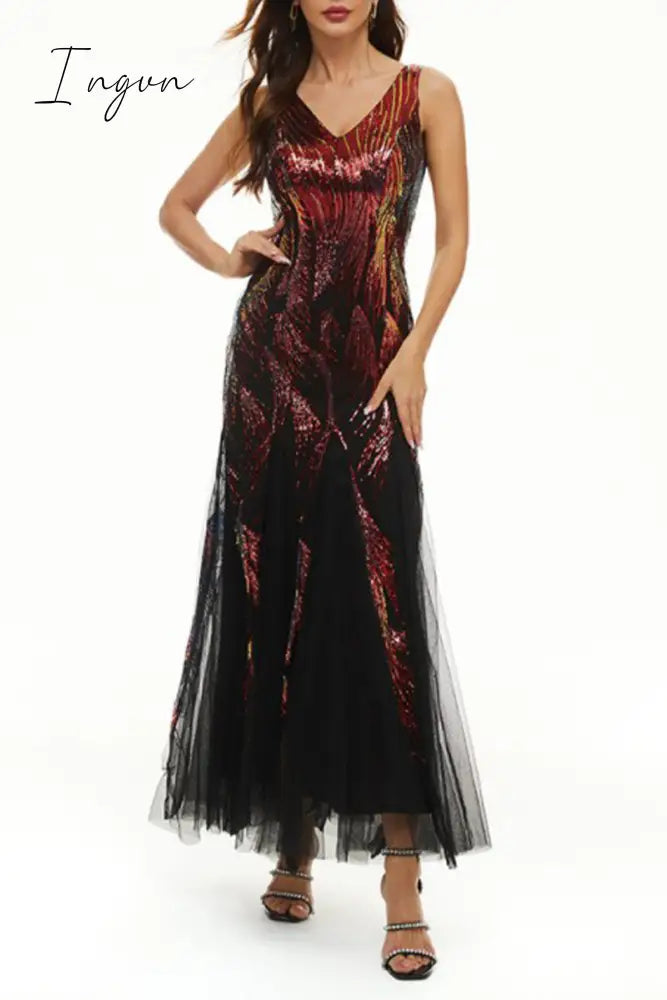 Ingvn - Celebrities Elegant Color Block Patchwork V Neck Evening Dress Dresses