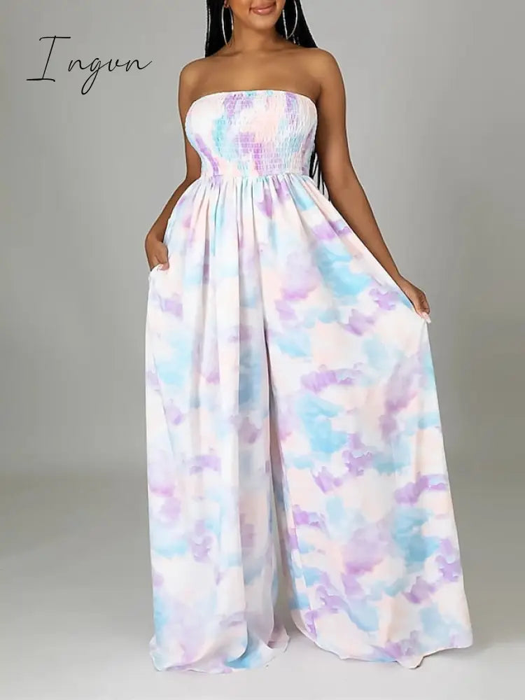 Ingvn - Women's Jumpsuit Pocket High Waist Tie Dye Leopard Strapless Holiday Street Daily Regular Fit Sleeveless Yellow Pink Purple S M L Summer Fall