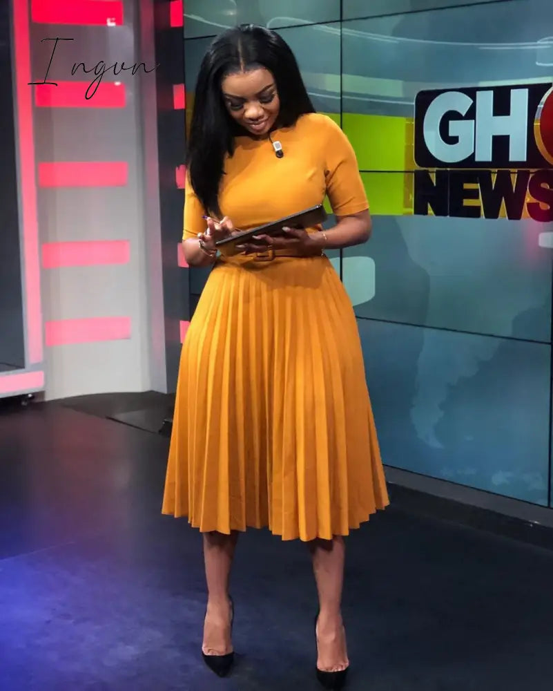 Ingvn - African Style Women Casual Belted Pleated Dress Elegant Chic Office Lady A-Line High Waist Dress Autumn Winter Fashion