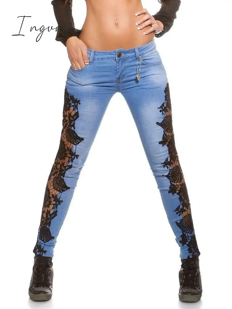 Ingvn - Plus Size 3XL Lace Floral Crochet Hollow-Out Jeans Autumn Women Elegant Sexy Denim Pencil