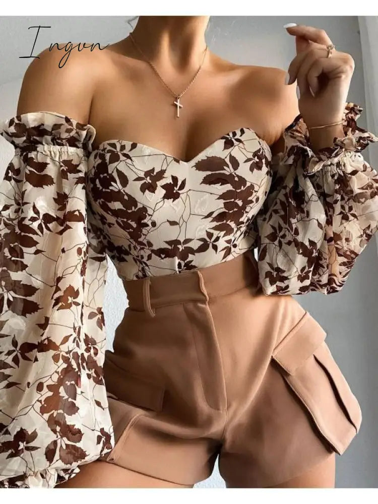 Ingvn - Summer Sexy Off The Shoulder Blous Women Fashion Slash Neck Tube Top Floral Puff Sleeve Blouse Women