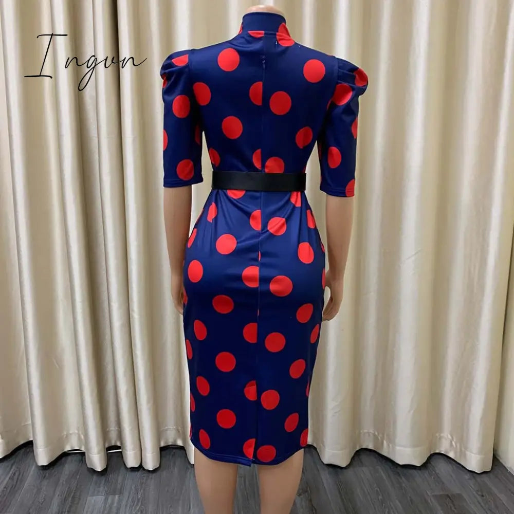 Ingvn - Elegant Office Dresses for Ladies 2023 Business Dot Printed High Waisted Short Sleeve Mid Calf Fashion Work Wear Cloth Dress OL
