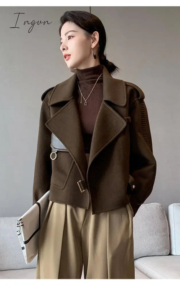 Ingvn - Women's Autumn Coat Pockets Solid Loose Short Jackets Ladies Wool &amp; Blends High Street Spring Woolen Coats for Women
