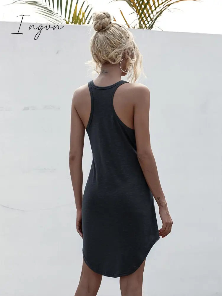Ingvn - Solid Casual O-neck Sleeveless Tank Dress Women Loose Off Shoulder Asymmetrical Cotton Mini Dress
