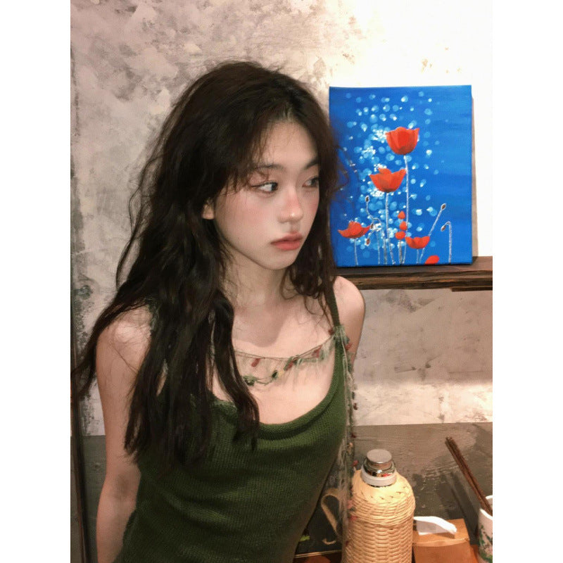 Pphmm outfit inspo Spring and Autumn Retro Green Knitted Sling Dress Women's Hot Girl Style Tight Waist Outer Wear Ripped Sheath Long Skirt