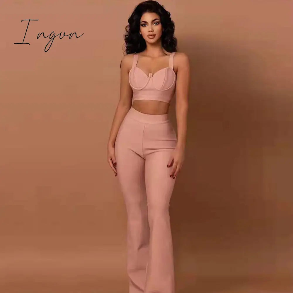 Ingvn - Summer New Women's Fashion Sexy Bandage 2 Two-piece Set Sleeveless Tight Short Top &  High Waist Flared Trousers Pants Set