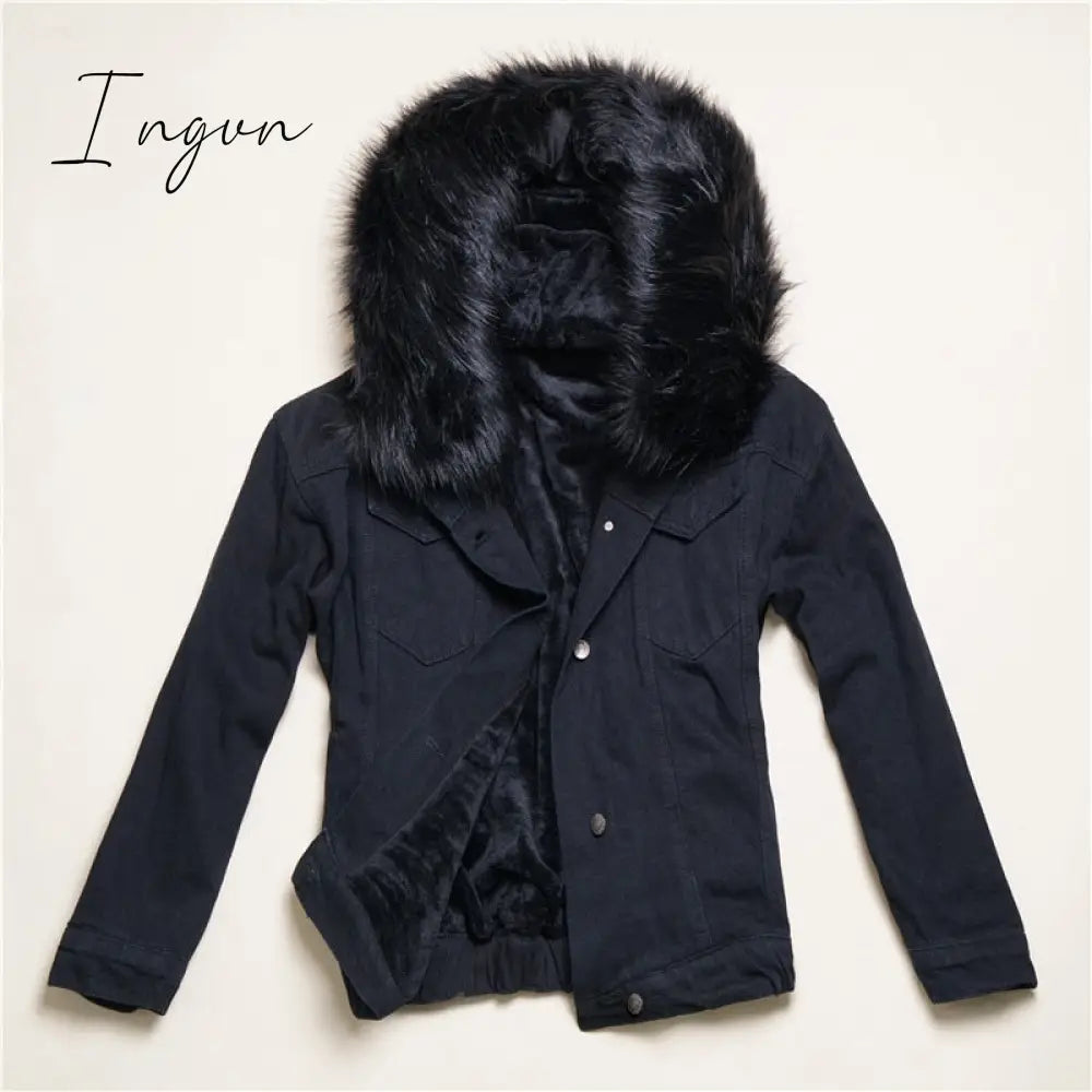 Ingvn - velvet thick denim jacket female winter big faux fur collar Korea denim  coat female student short coat