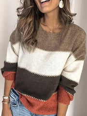 Women's Casual Color Block Knit Sweater - Long Sleeve, Crew Neck Pullover for Fall/Winter, Soft Nylon Blend