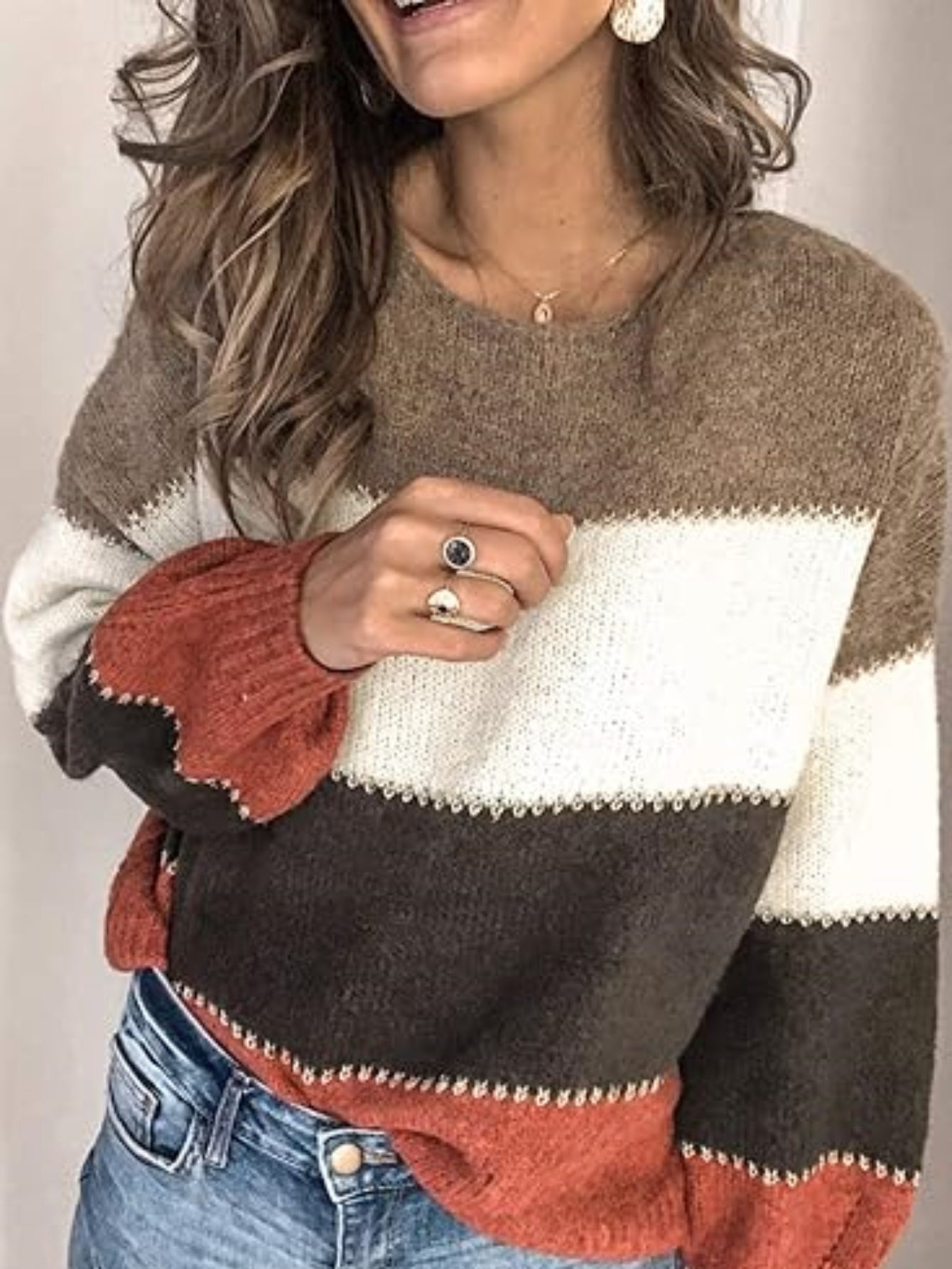 Women's Casual Color Block Knit Sweater - Long Sleeve, Crew Neck Pullover for Fall/Winter, Soft Nylon Blend