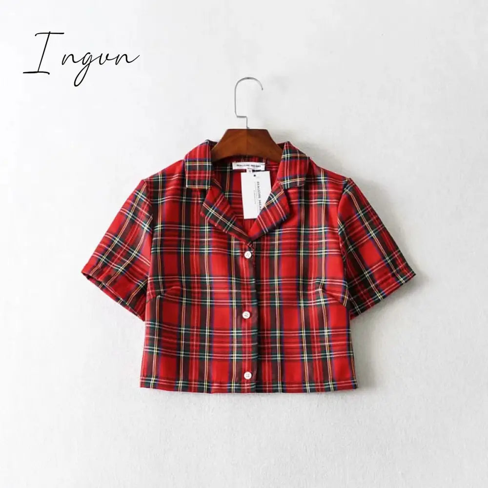 Ingvn - Summer blouse women vintage crop shirt streetwear plaid ladies tops elegant button up shirt korean crop top red