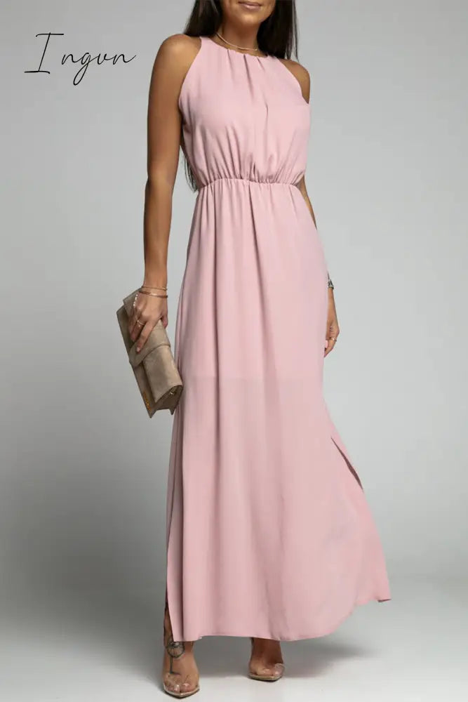 Ingvn - Elegant Solid Backless Slit O Neck Sleeveless Dress Dresses