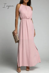 Ingvn - Elegant Solid Backless Slit O Neck Sleeveless Dress Dresses