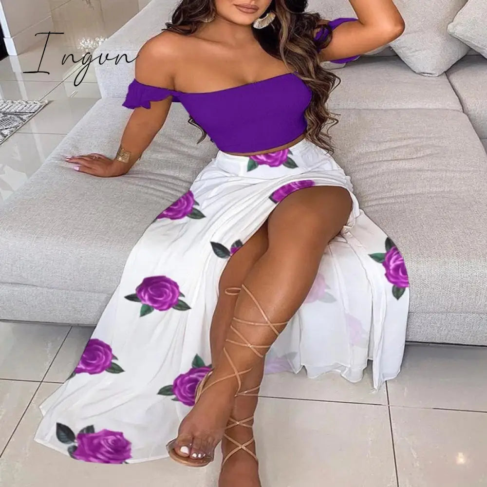 Ingvn - Off Shoulder Women Two Piece Set Sexy Slash Neck Top and Slit Summer Long Party Dress Suits Spring Floral Print Skirts Sets