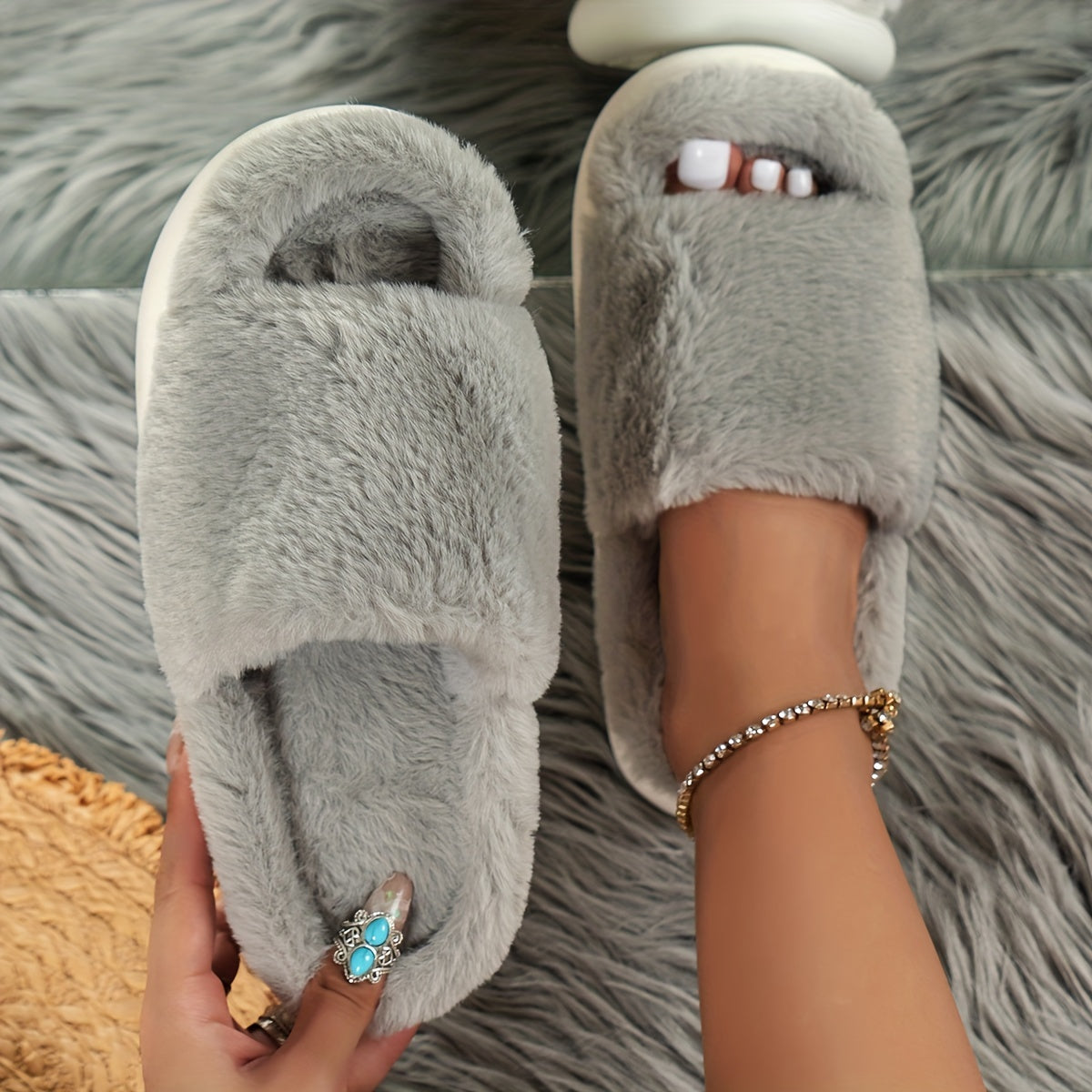 CozyPlus Furry House Slippers - Slippers with Single Band Open Toe Platform, Fuzzy Comfy Warm Design for Home Relaxation - Perfect for Cold Winter Days