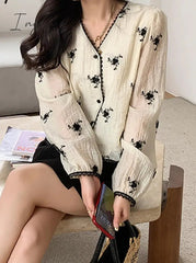 Ingvn - Printed Shirt for Women Spring 2023 New Long Sleeve V Neck Vintage Elegant Blouse Fashion Casual Button Up Y2k Top